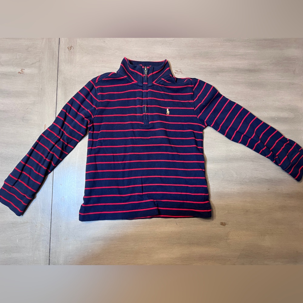 Ralph Lauren polo boys red navy blue striped quarter 1/4 zip sweater size 5 NWOT
